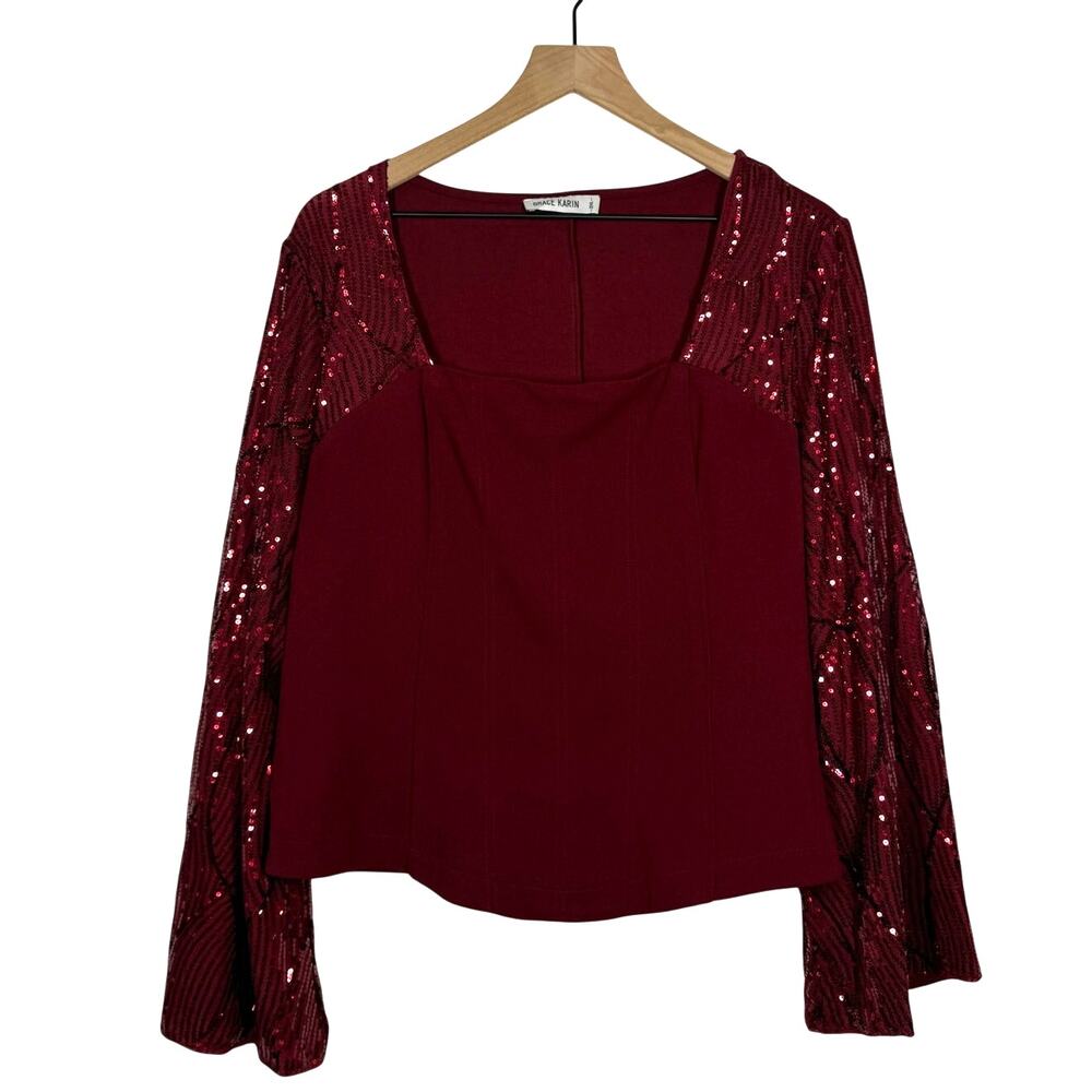 Grace Karin Sequin Sleeve Top Womens Plus Size 2XL Burgundy Sparkle Shimmer